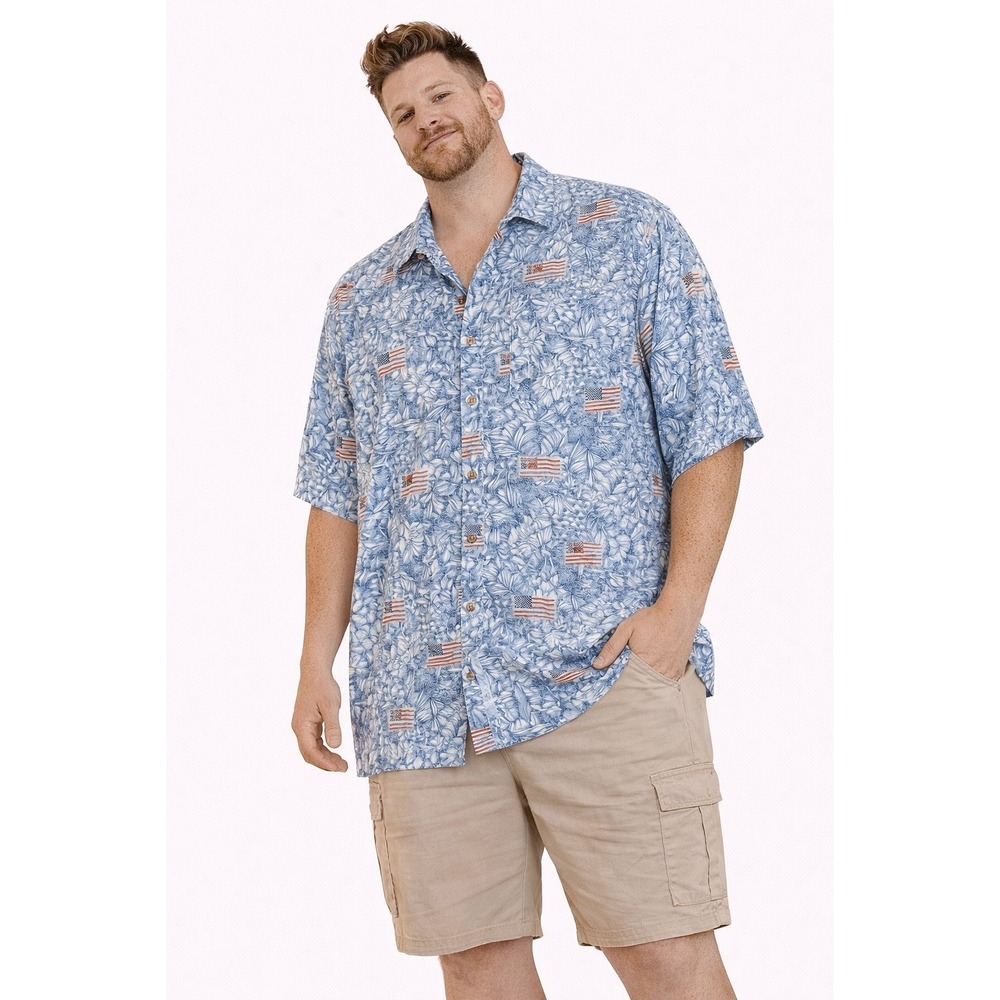 The Foundry Button Down Men 2XLT Blue American Flag Tropical Shirt Patriotic